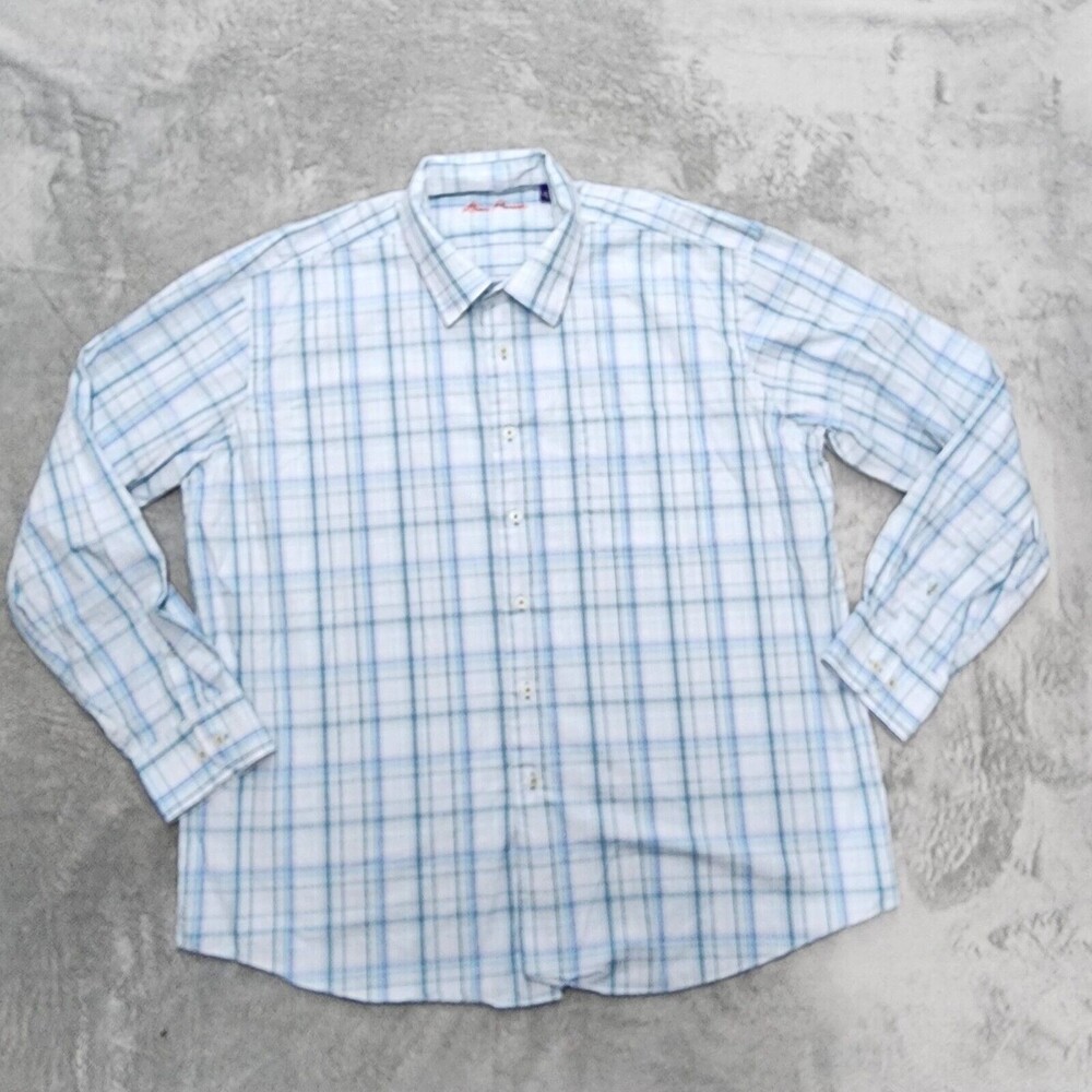 Alan Flusser Men's Blue White Plaid Button Up Long Sleeve Size 2XL